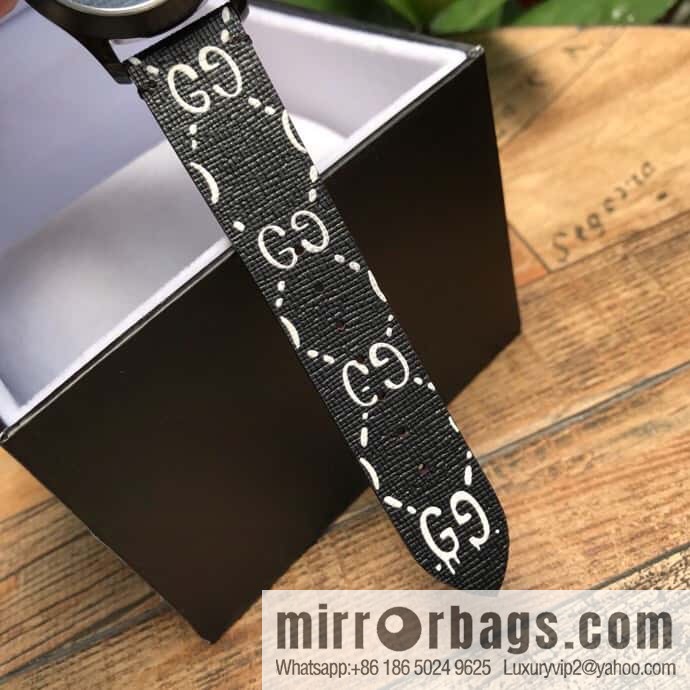 Gucci's latest black rubber strap with three-dimensional Gucci logo and black PVD pin clasp, Rhonda Quartz movement watch