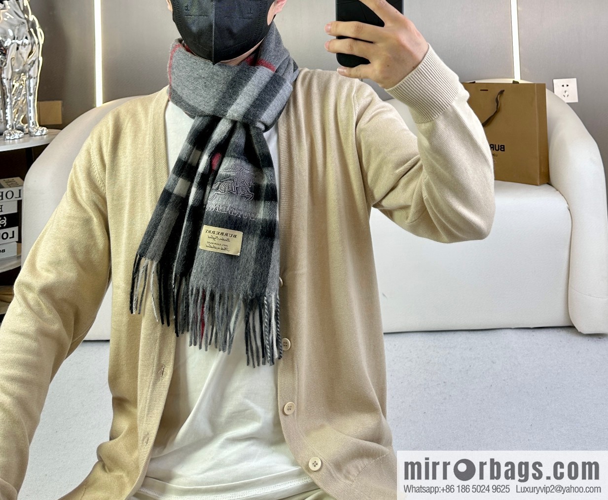Burberry, embroidered war horse, cashmere checked scarf