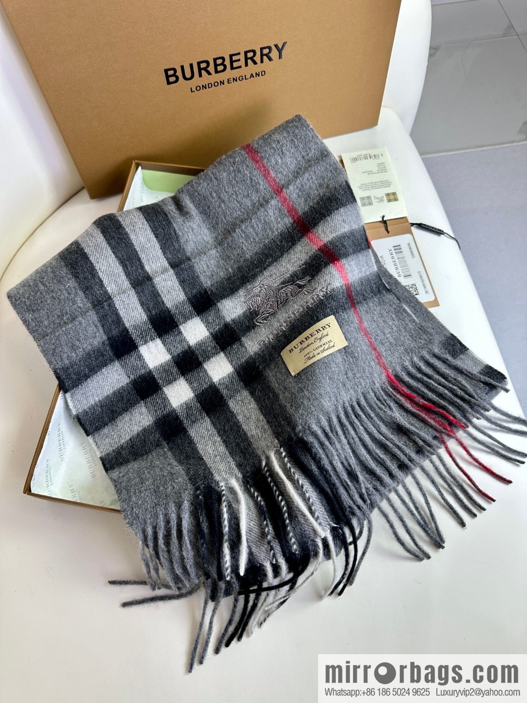 Burberry, embroidered war horse, cashmere checked scarf