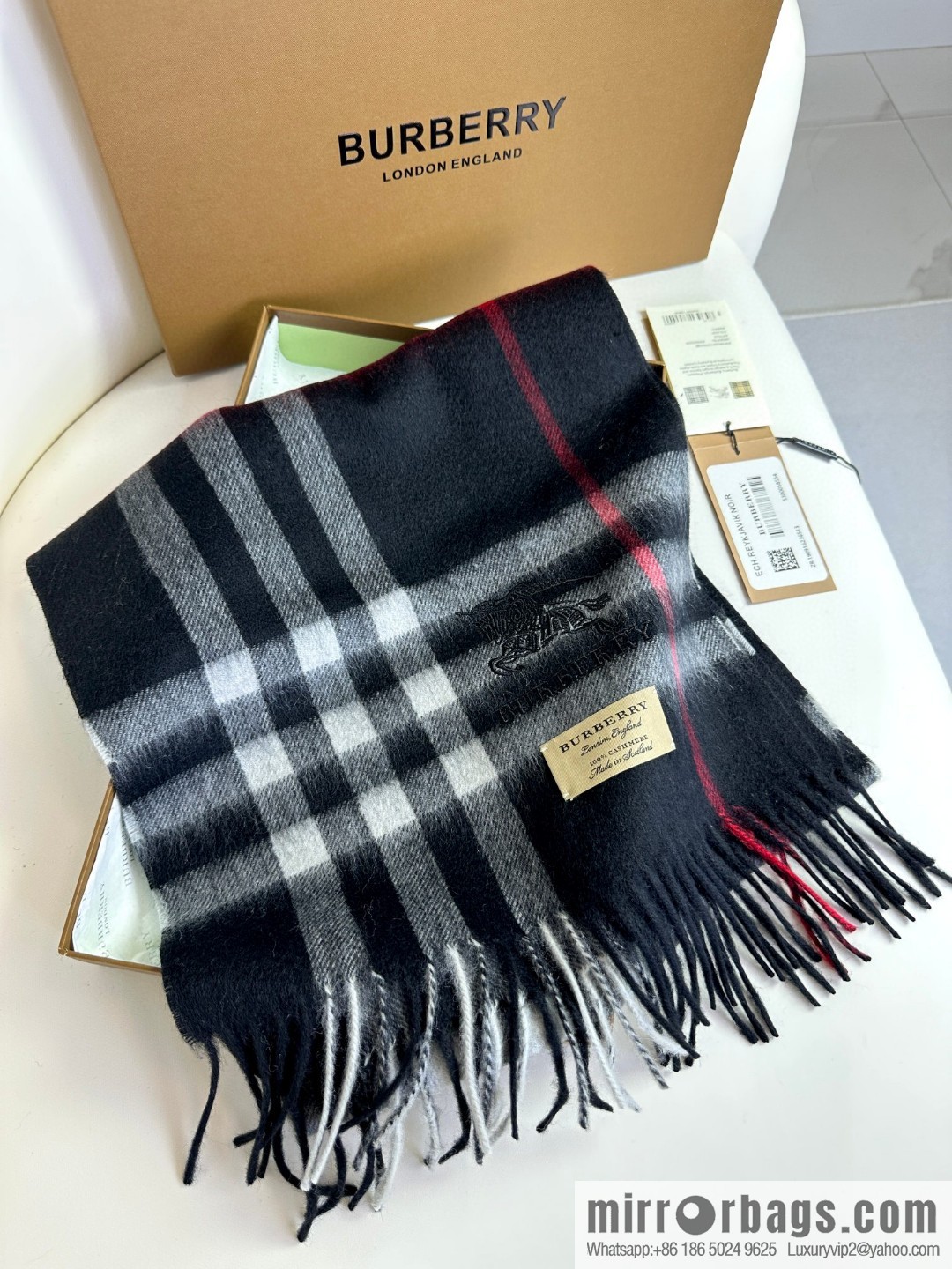 Burberry, embroidered war horse, cashmere checked scarf