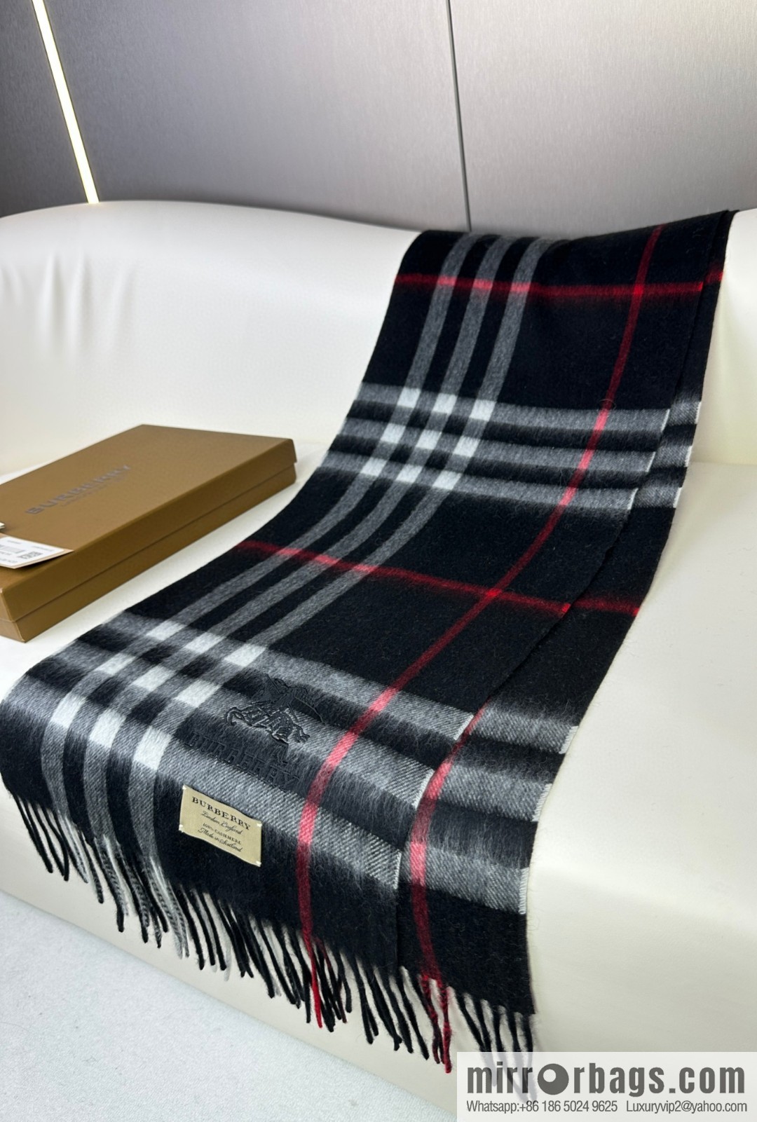 Burberry, embroidered war horse, cashmere checked scarf