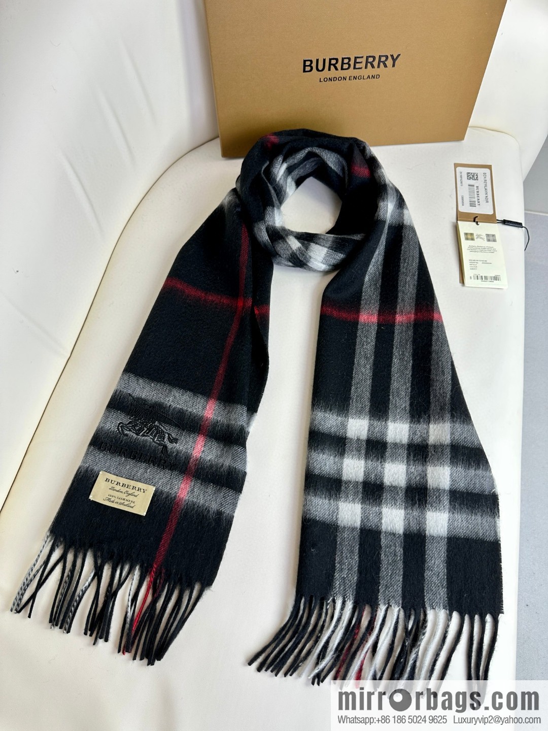 Burberry, embroidered war horse, cashmere checked scarf
