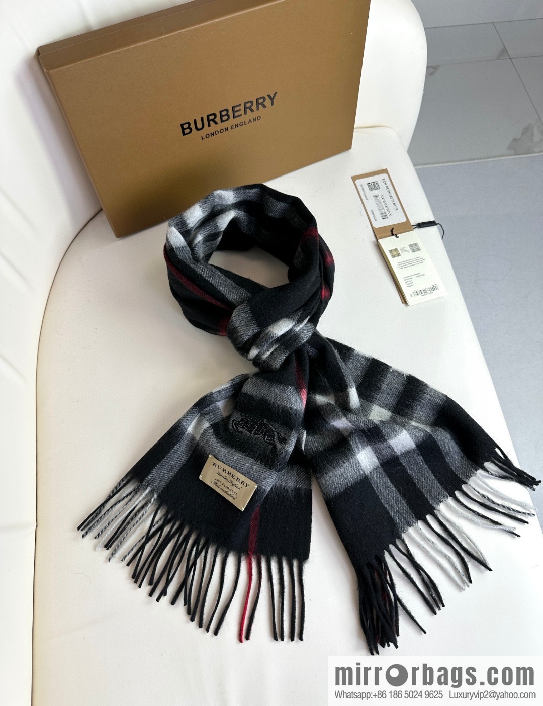 Burberry, embroidered war horse, cashmere checked scarf