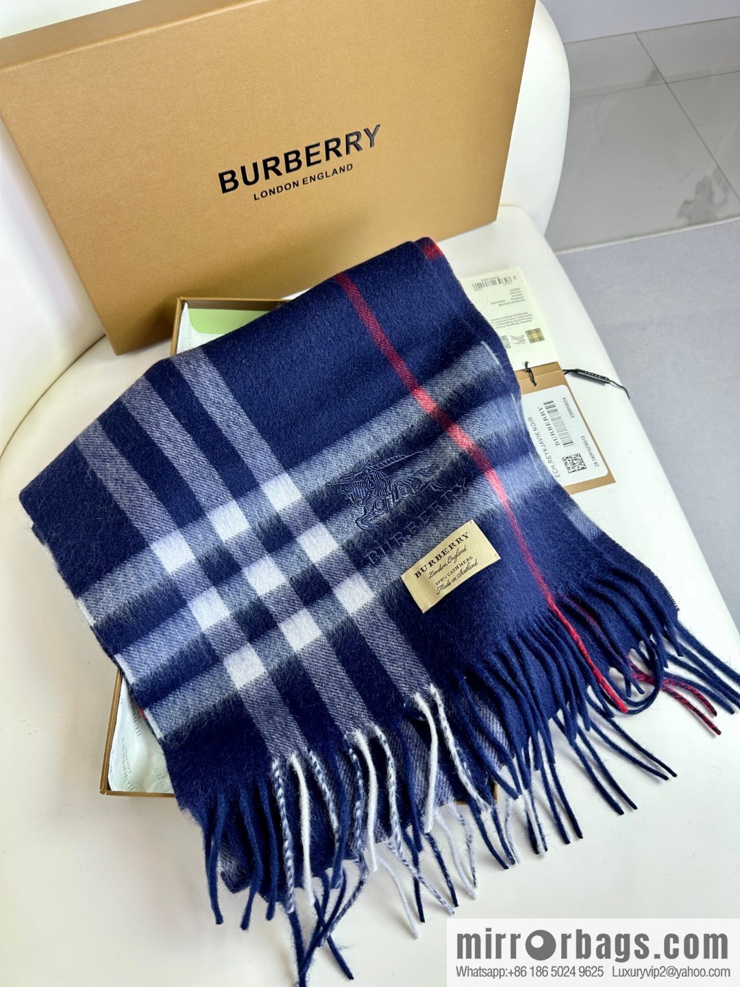 Burberry, embroidered war horse, cashmere checked scarf