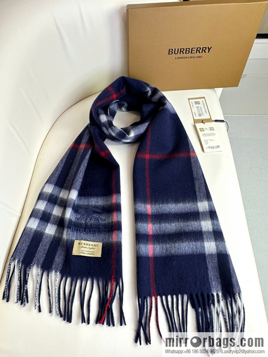 Burberry, embroidered war horse, cashmere checked scarf