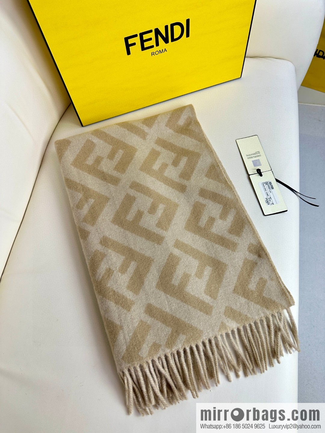 FENDI jacquard weave FF pattern, long fringed scarf