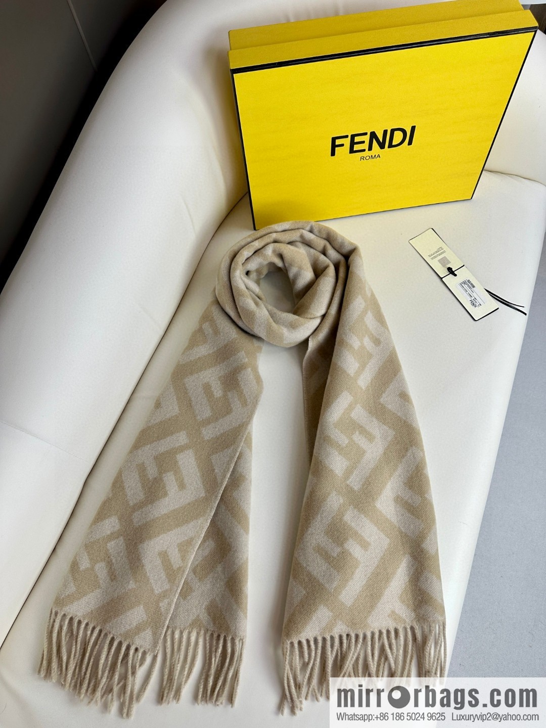FENDI jacquard weave FF pattern, long fringed scarf