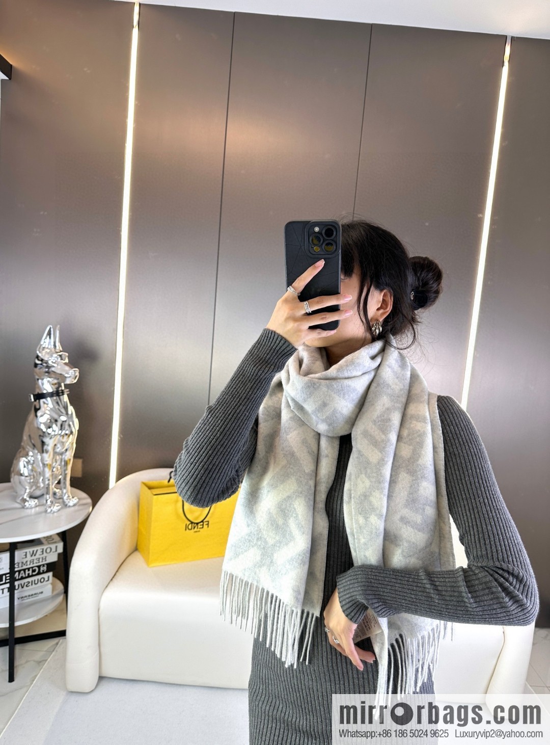 FENDI jacquard weave FF pattern, long fringed scarf