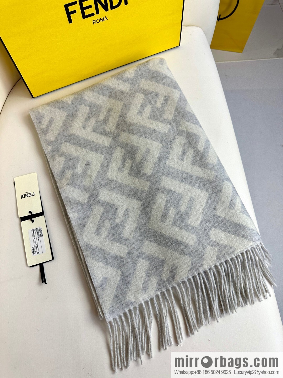 FENDI jacquard weave FF pattern, long fringed scarf