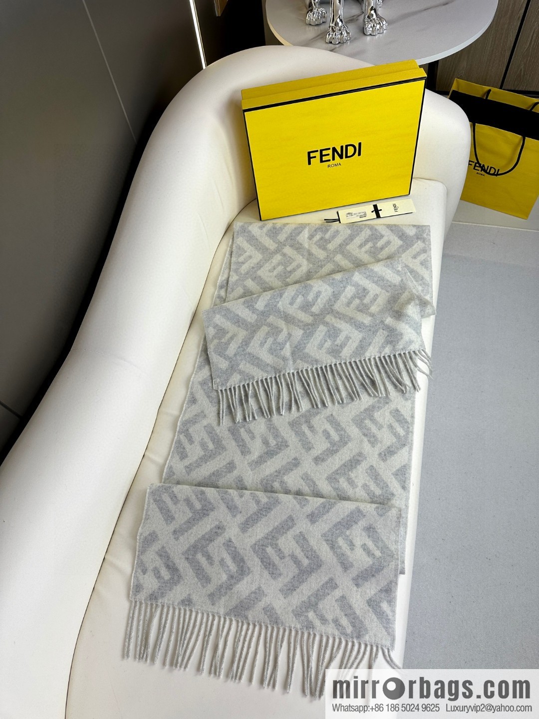 FENDI jacquard weave FF pattern, long fringed scarf