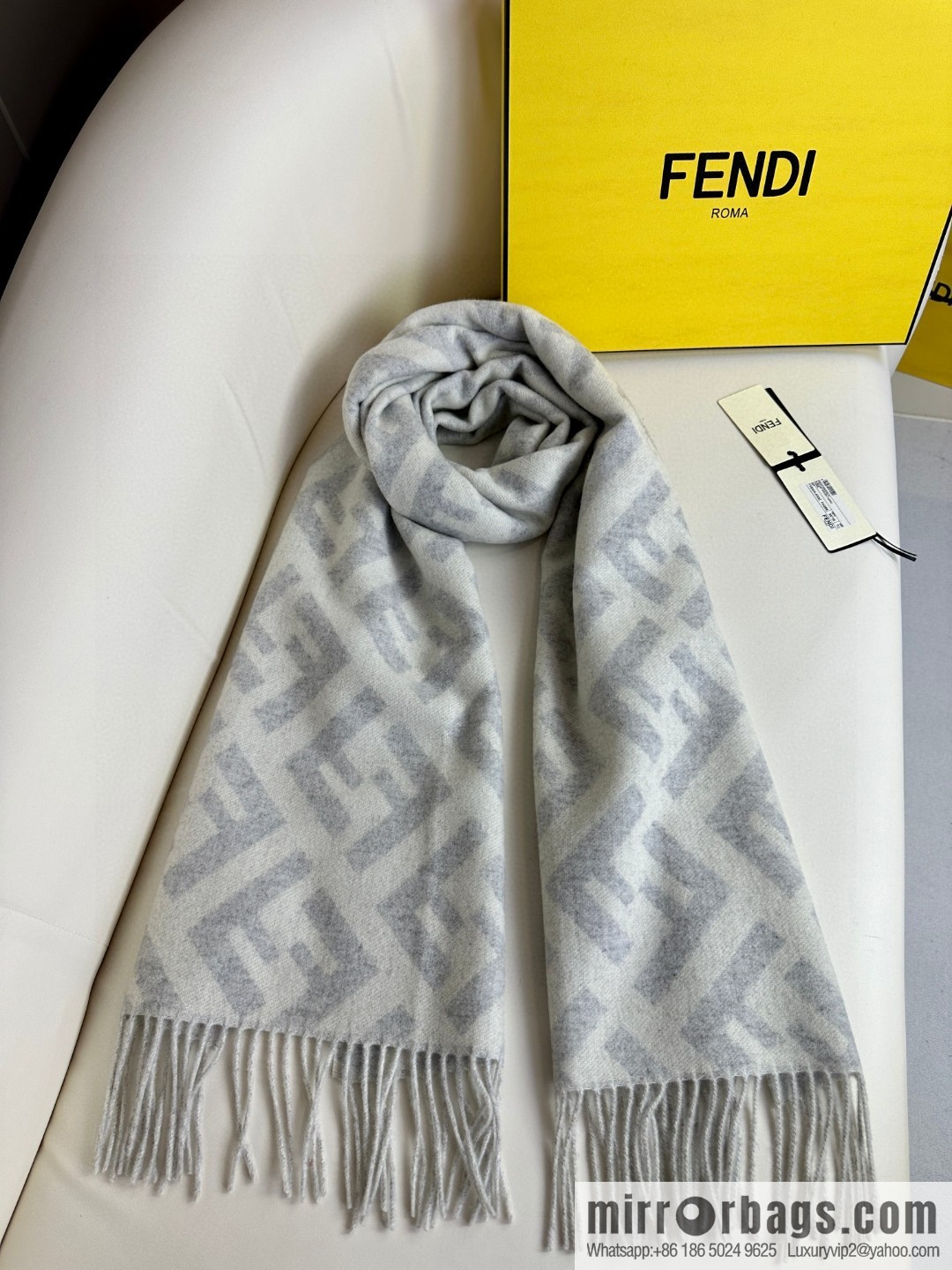 FENDI jacquard weave FF pattern, long fringed scarf