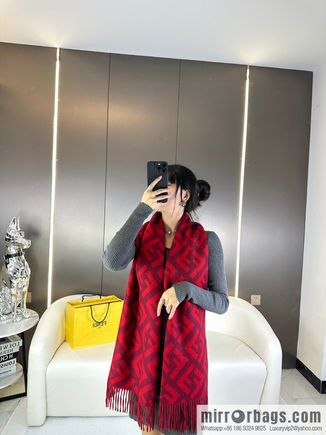 FENDI jacquard weave FF pattern, long fringed scarf
