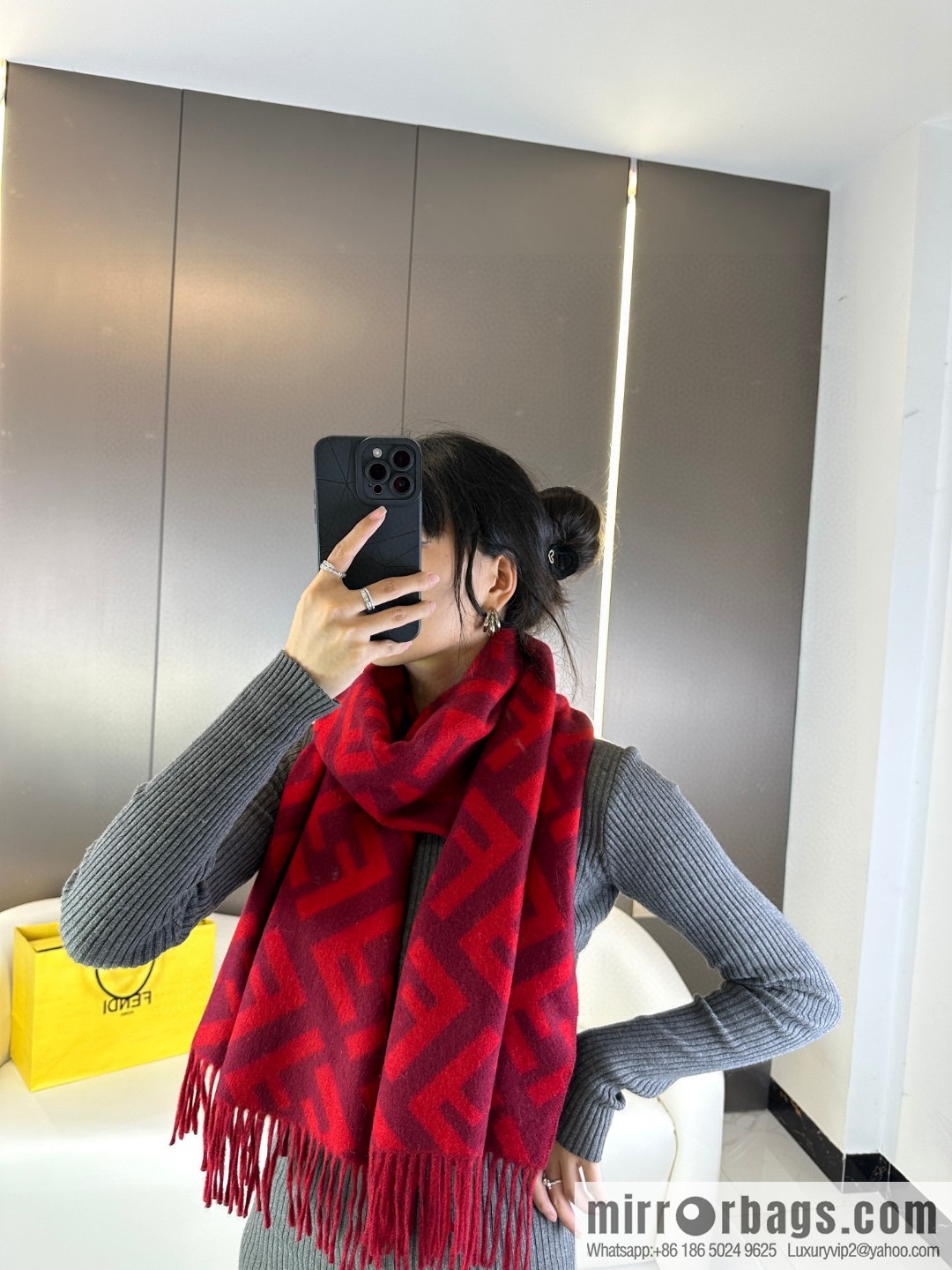 FENDI jacquard weave FF pattern, long fringed scarf