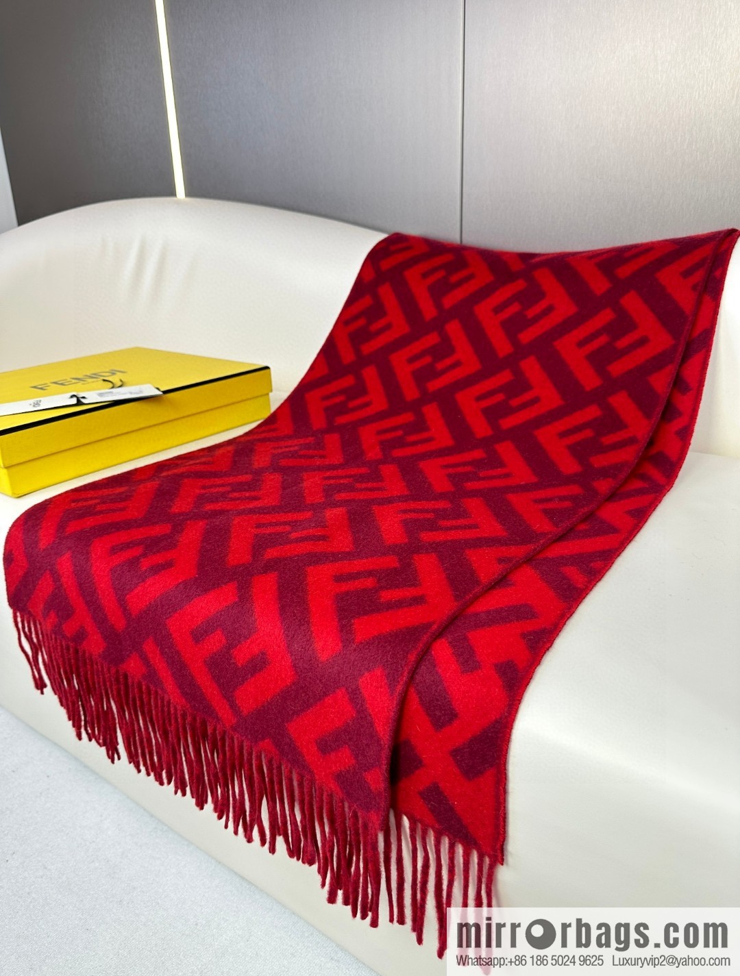 FENDI jacquard weave FF pattern, long fringed scarf