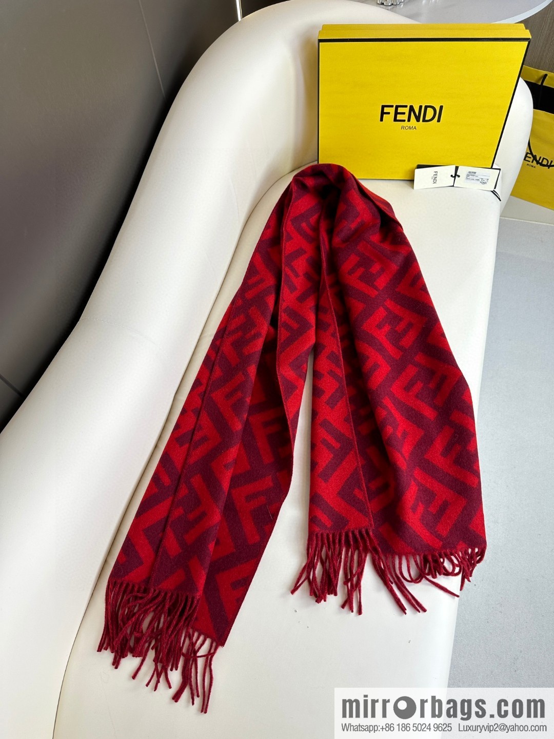 FENDI jacquard weave FF pattern, long fringed scarf