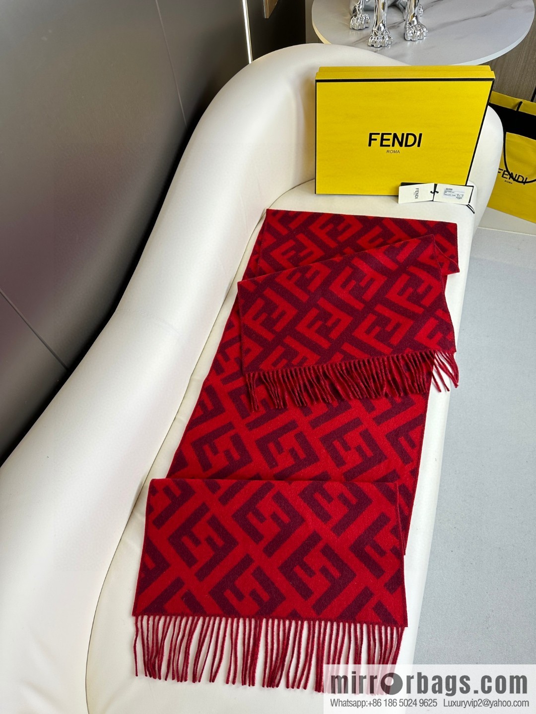 FENDI jacquard weave FF pattern, long fringed scarf