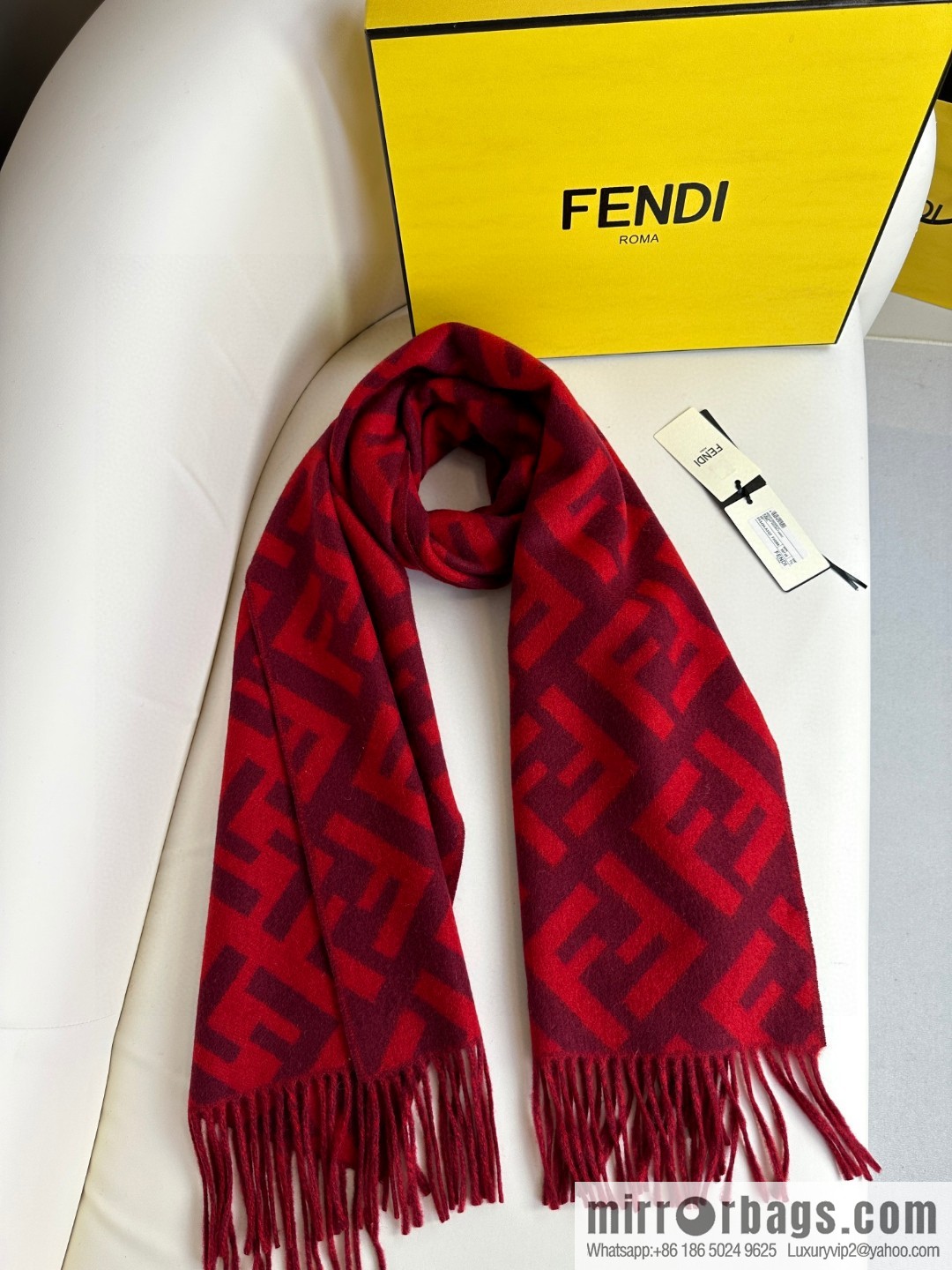 FENDI jacquard weave FF pattern, long fringed scarf