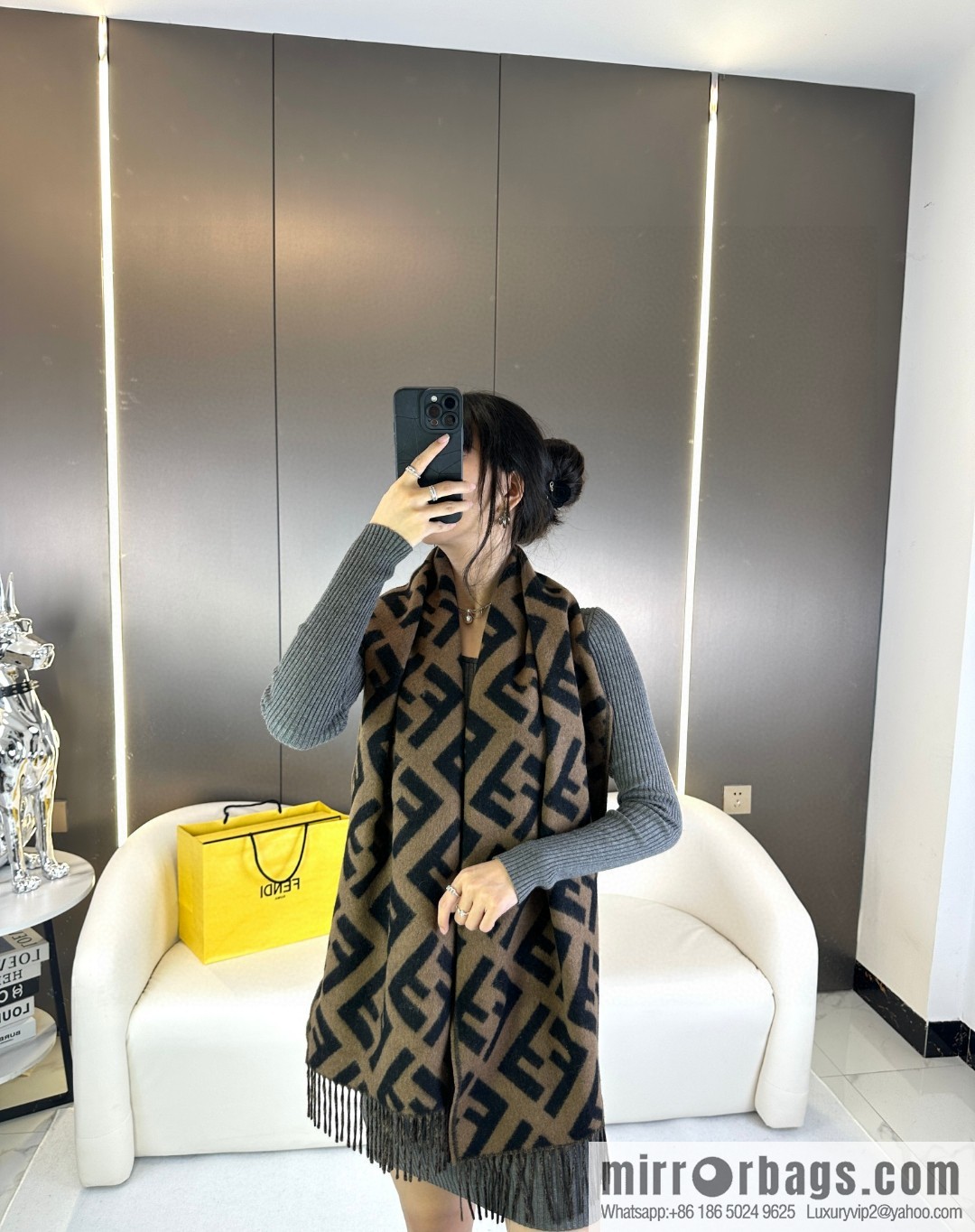 FENDI jacquard weave FF pattern, long fringed scarf