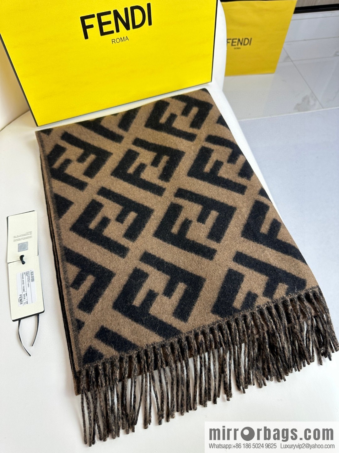 FENDI jacquard weave FF pattern, long fringed scarf