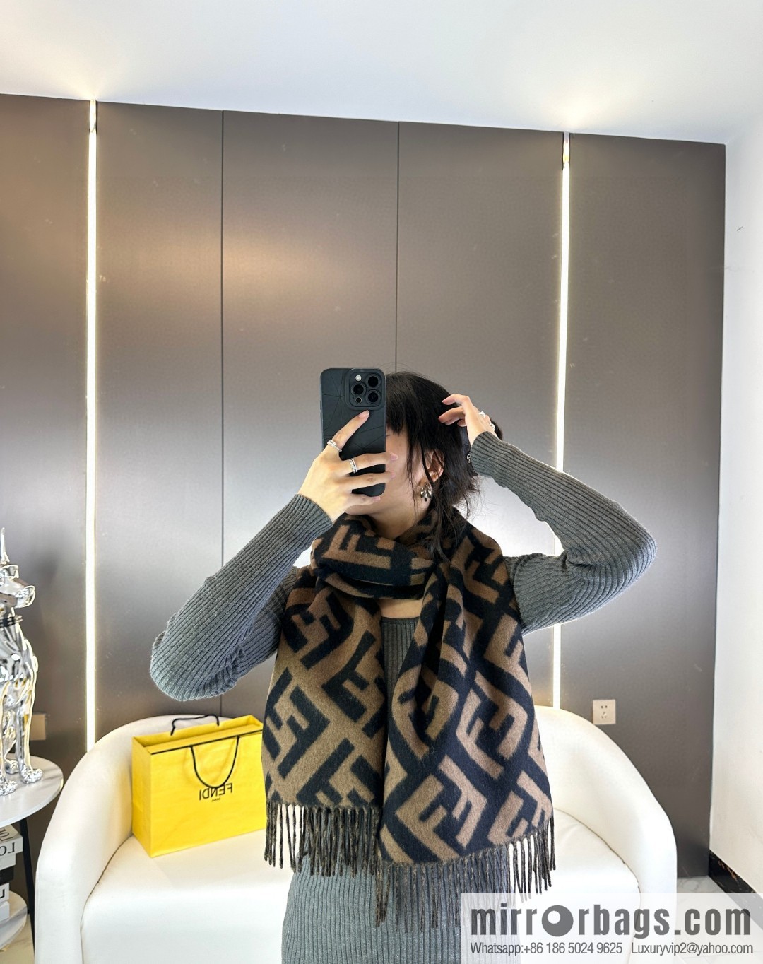 FENDI jacquard weave FF pattern, long fringed scarf