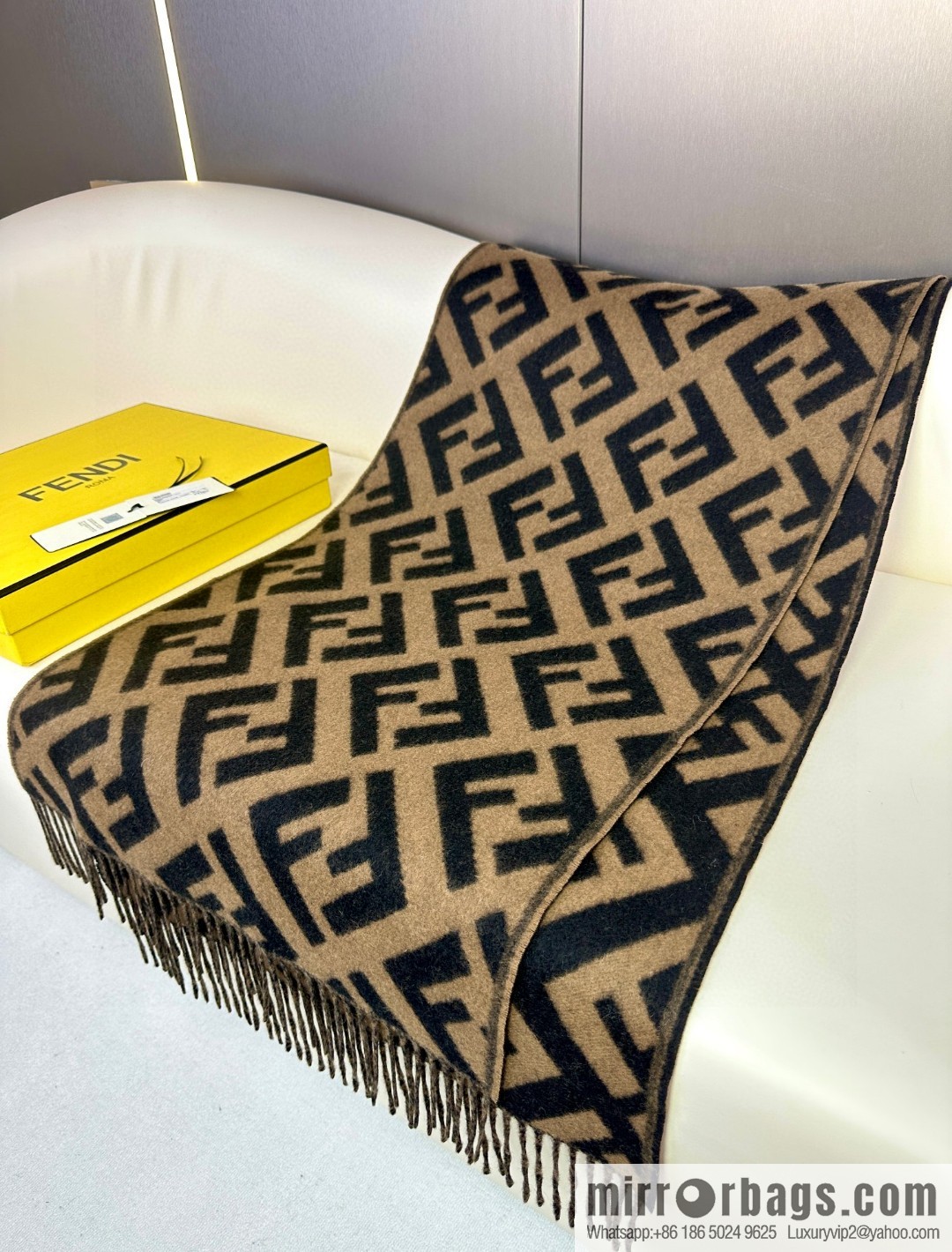 FENDI jacquard weave FF pattern, long fringed scarf