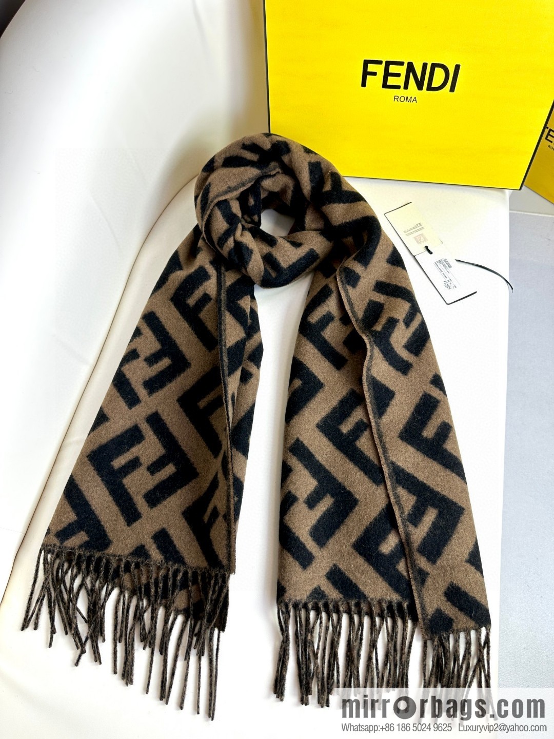 FENDI jacquard weave FF pattern, long fringed scarf
