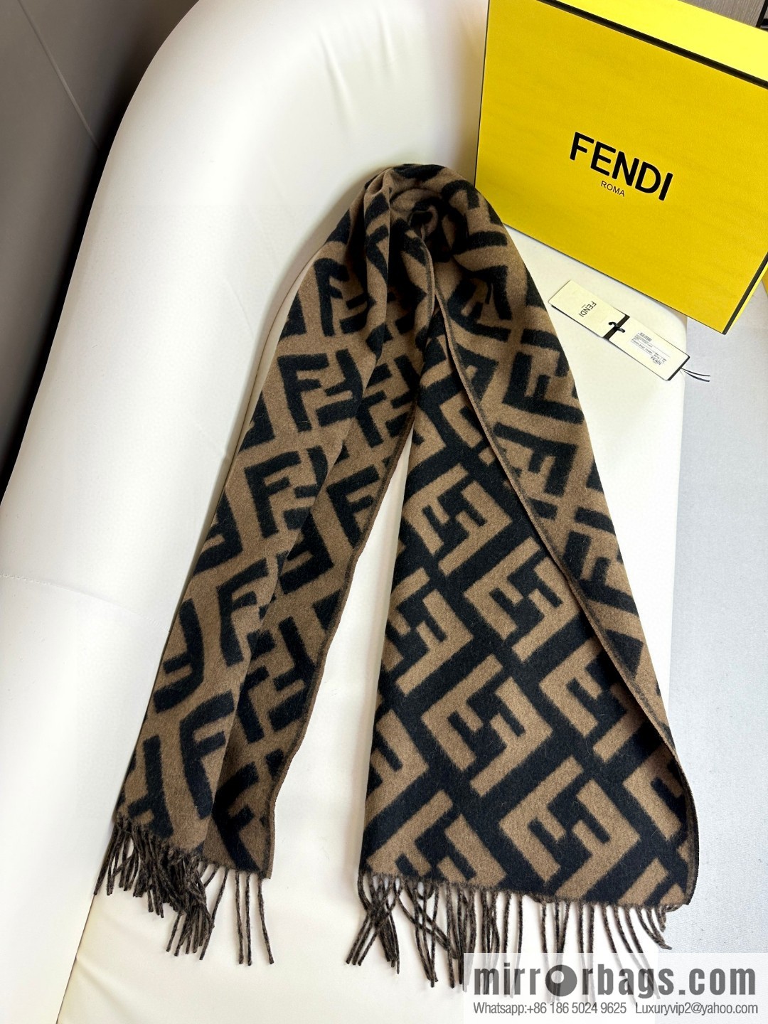 FENDI jacquard weave FF pattern, long fringed scarf