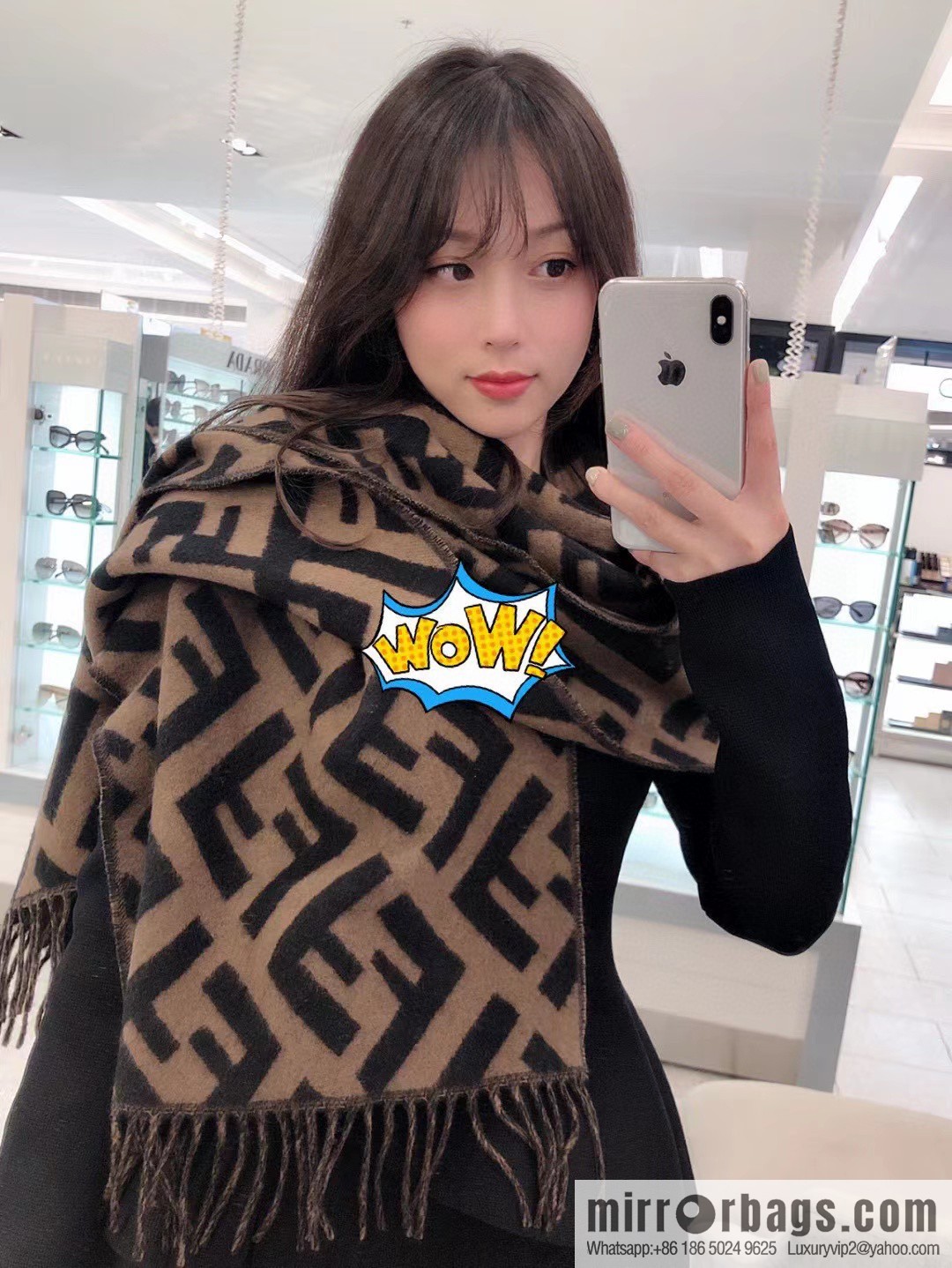 FENDI jacquard weave FF pattern, long fringed scarf