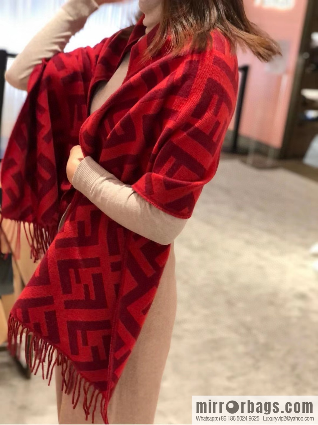 FENDI jacquard weave FF pattern, long fringed scarf