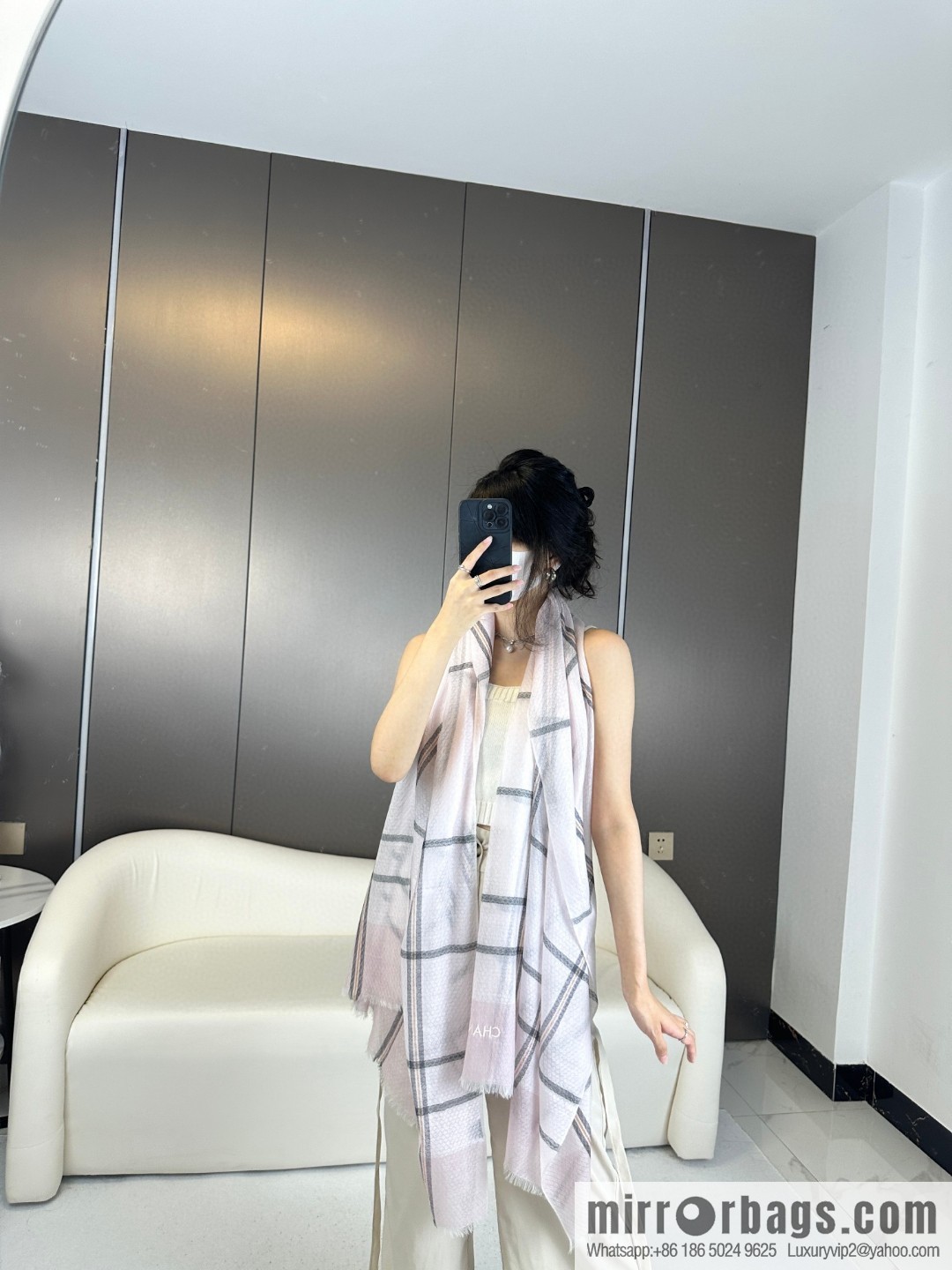 CHANEL [Letter Logo] Plaid Cashmere Scarf