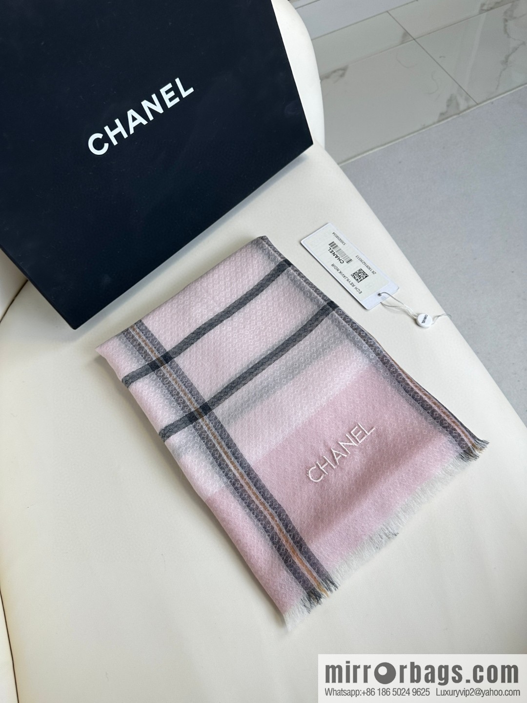 CHANEL [Letter Logo] Plaid Cashmere Scarf