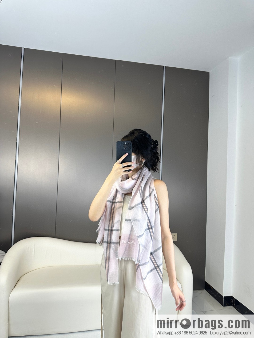 CHANEL [Letter Logo] Plaid Cashmere Scarf