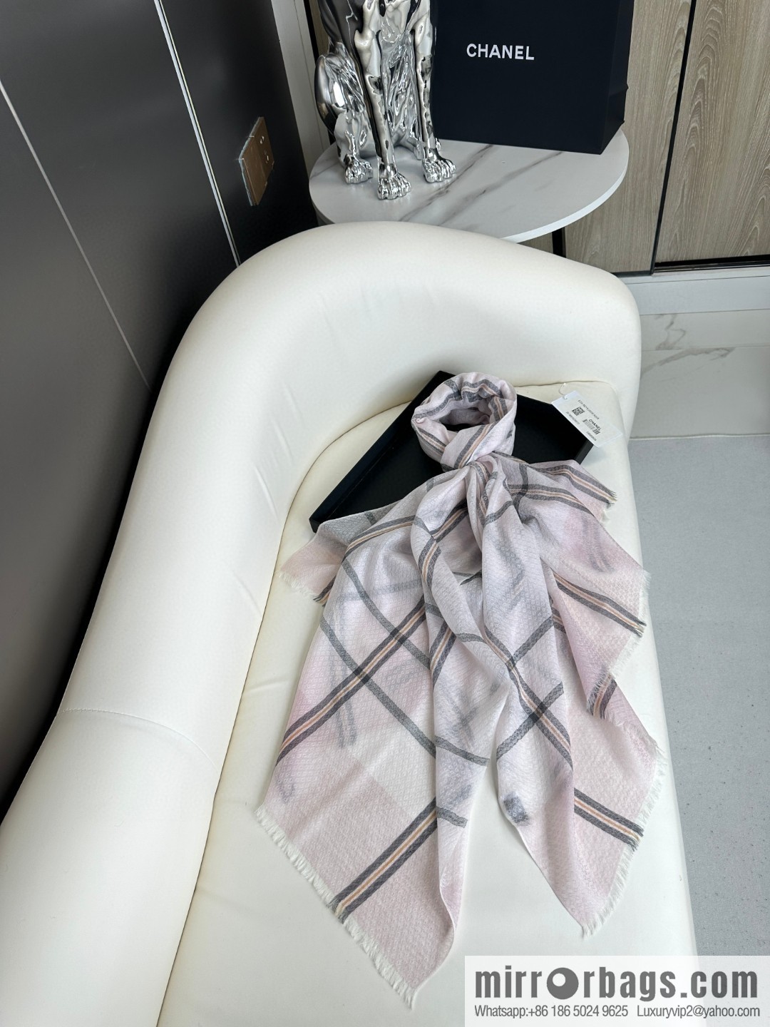 CHANEL [Letter Logo] Plaid Cashmere Scarf