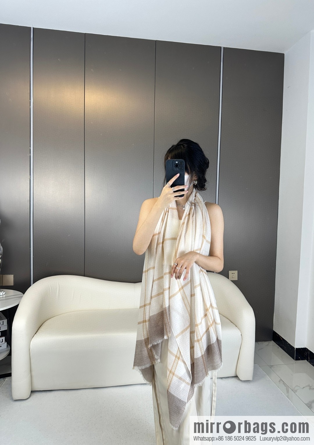 CHANEL [Letter Logo] Plaid Cashmere Scarf