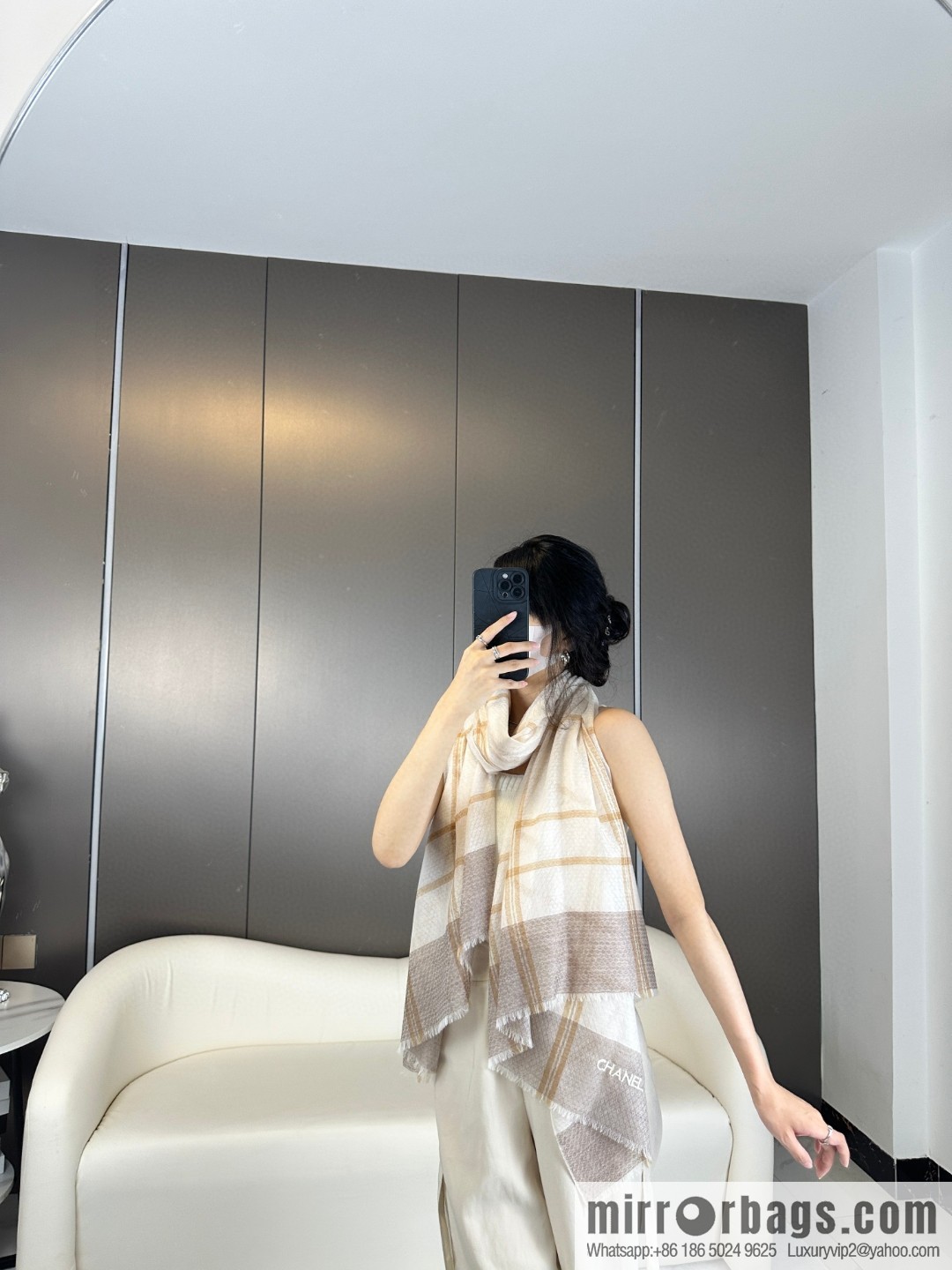 CHANEL [Letter Logo] Plaid Cashmere Scarf