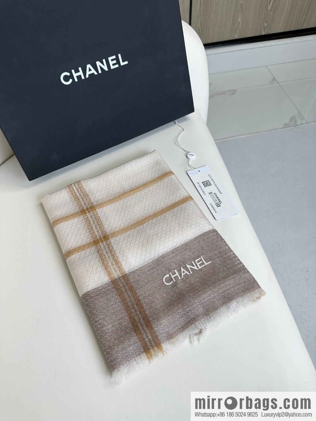 CHANEL [Letter Logo] Plaid Cashmere Scarf