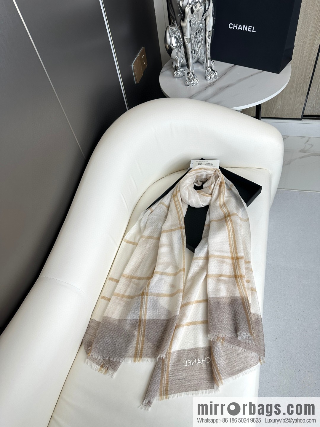 CHANEL [Letter Logo] Plaid Cashmere Scarf