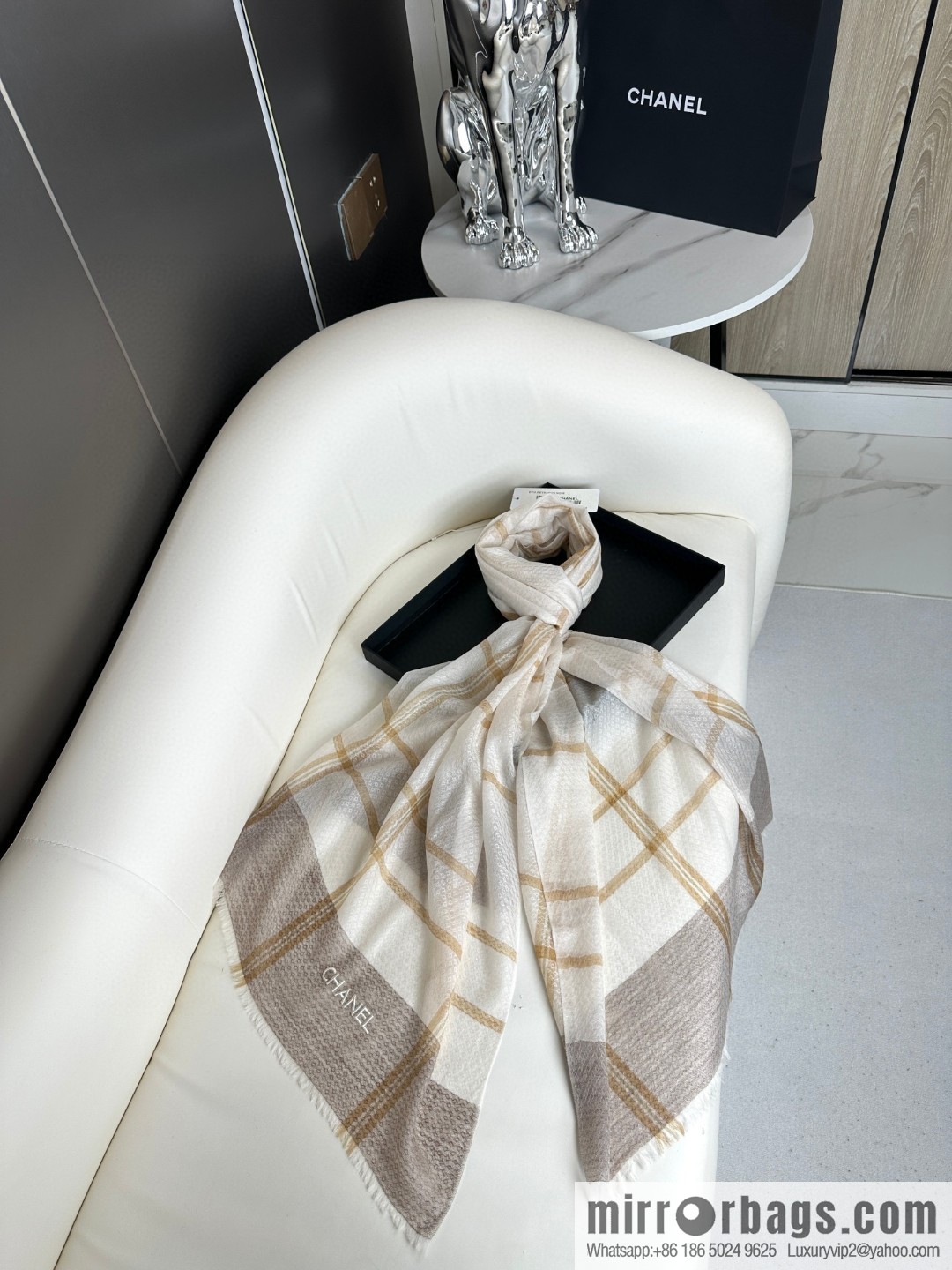 CHANEL [Letter Logo] Plaid Cashmere Scarf