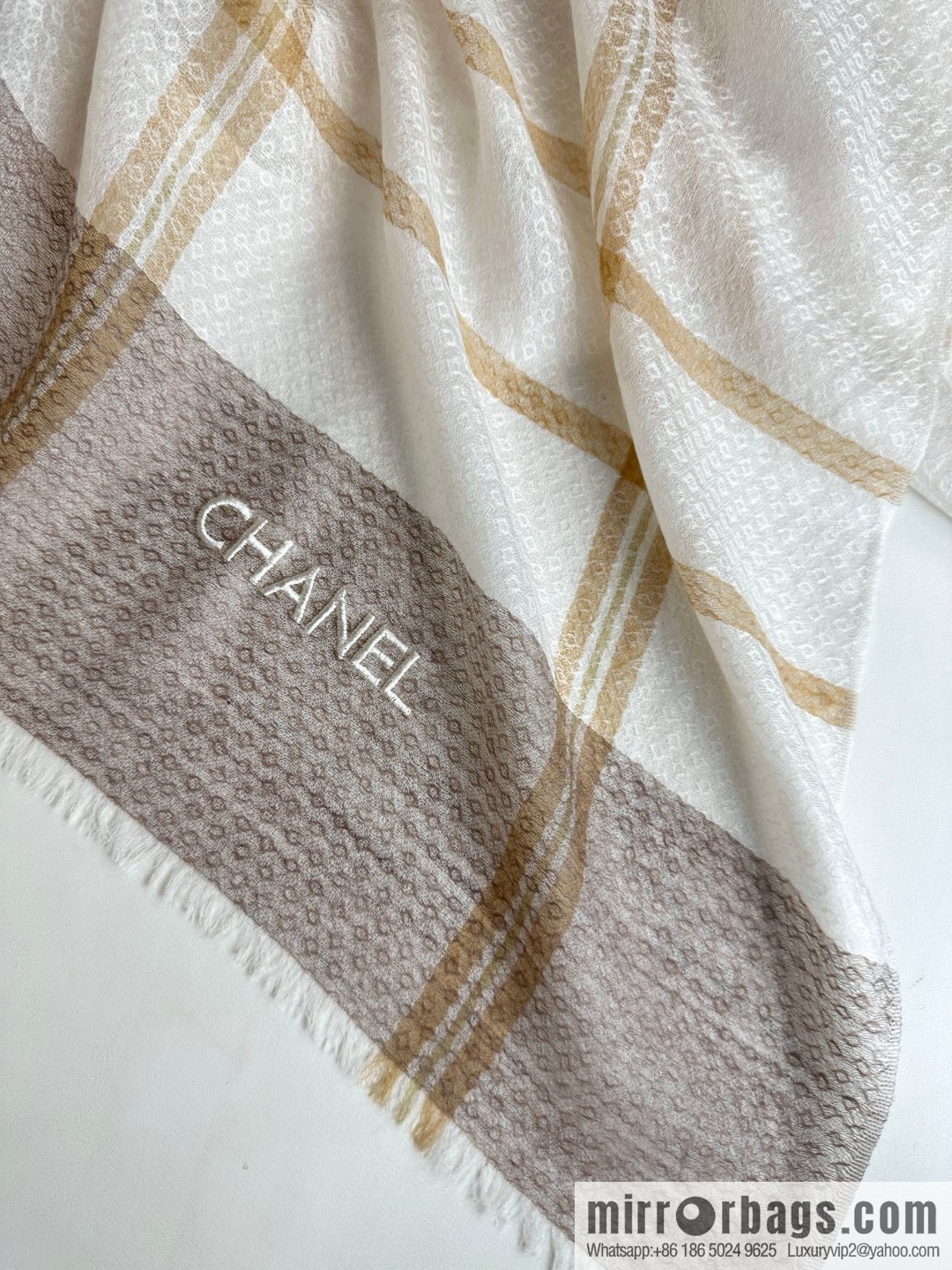 CHANEL [Letter Logo] Plaid Cashmere Scarf