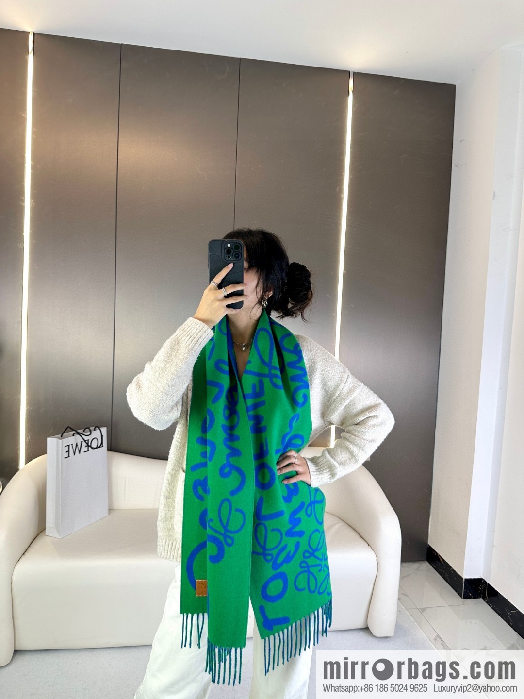 LOEWE decorated with Anagram pattern, graffiti scarf