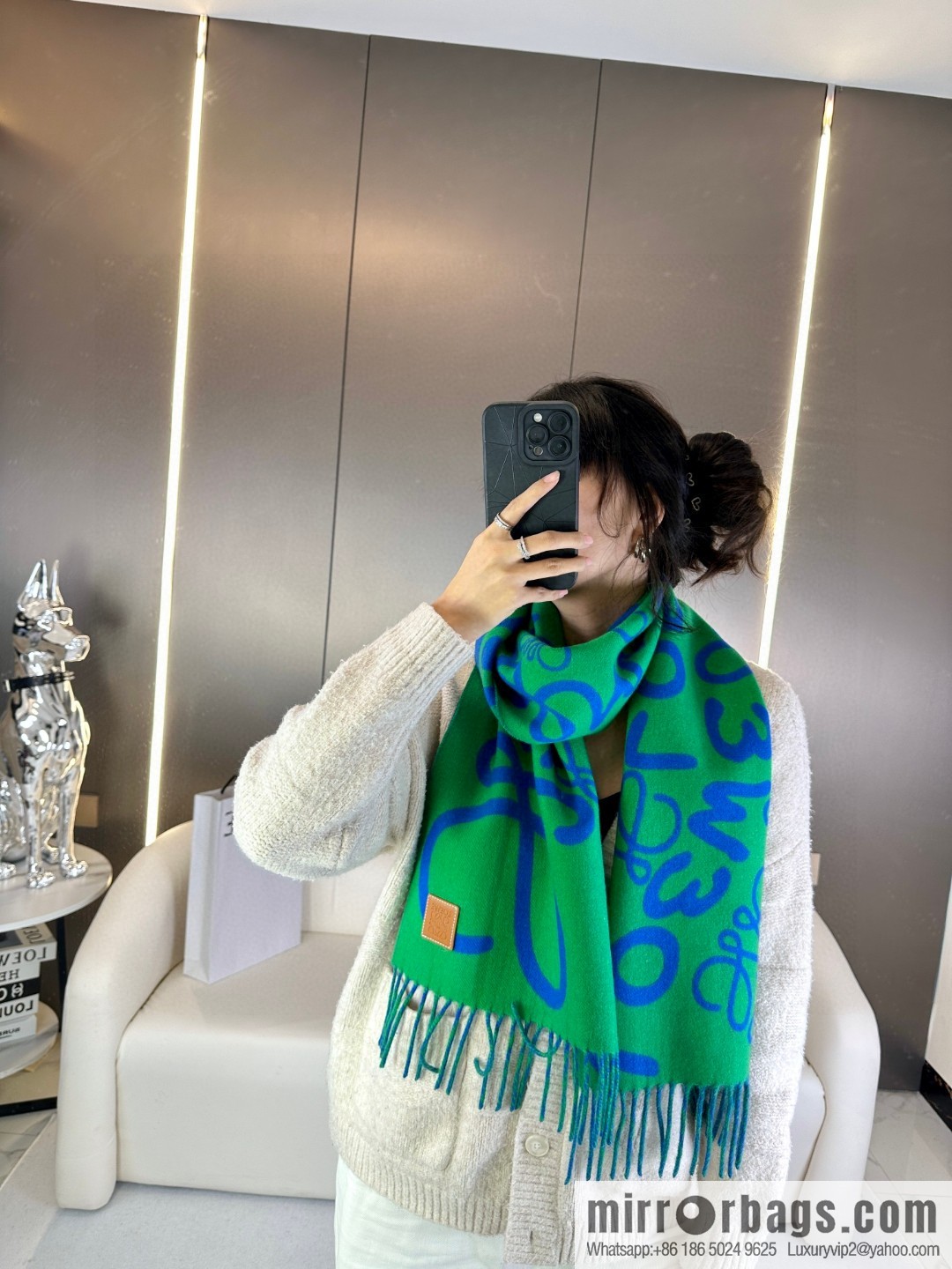 LOEWE decorated with Anagram pattern, graffiti scarf