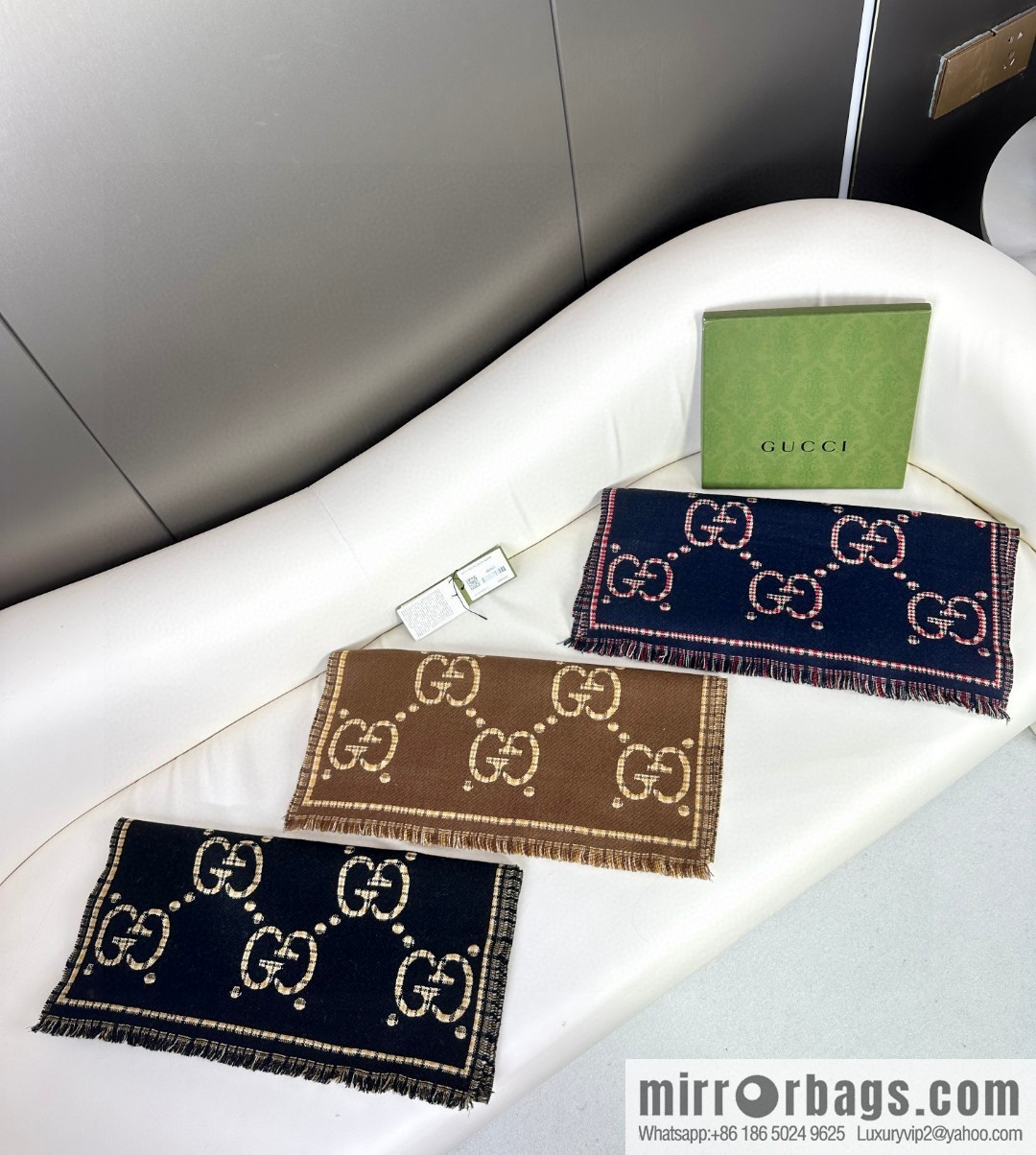 GUCCI GG pattern, fringed double-sided jacquard wool scarf