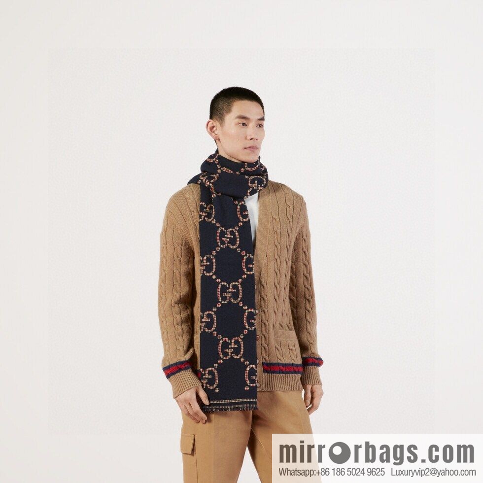 GUCCI GG pattern, fringed double-sided jacquard wool scarf