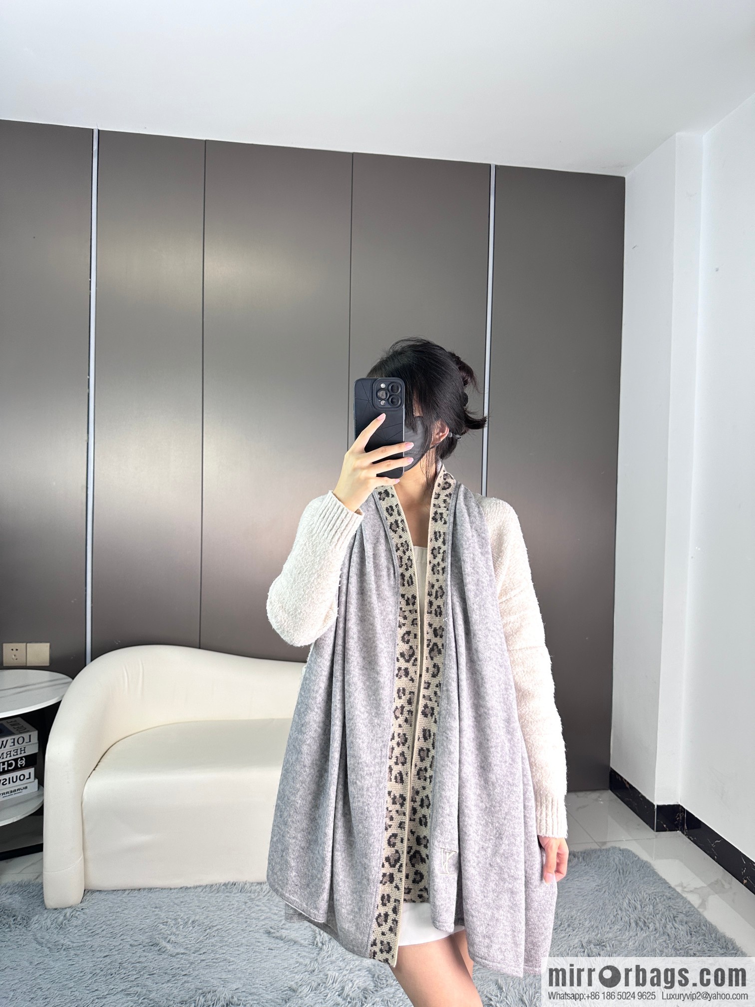 LV donkey house leopard print border cashmere knitted shawl