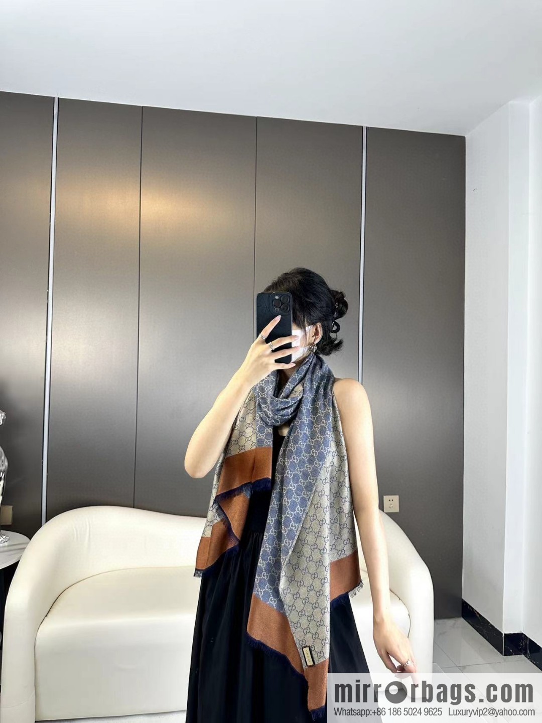 GUCCI GG denim coffee frame, double-sided universal scarf