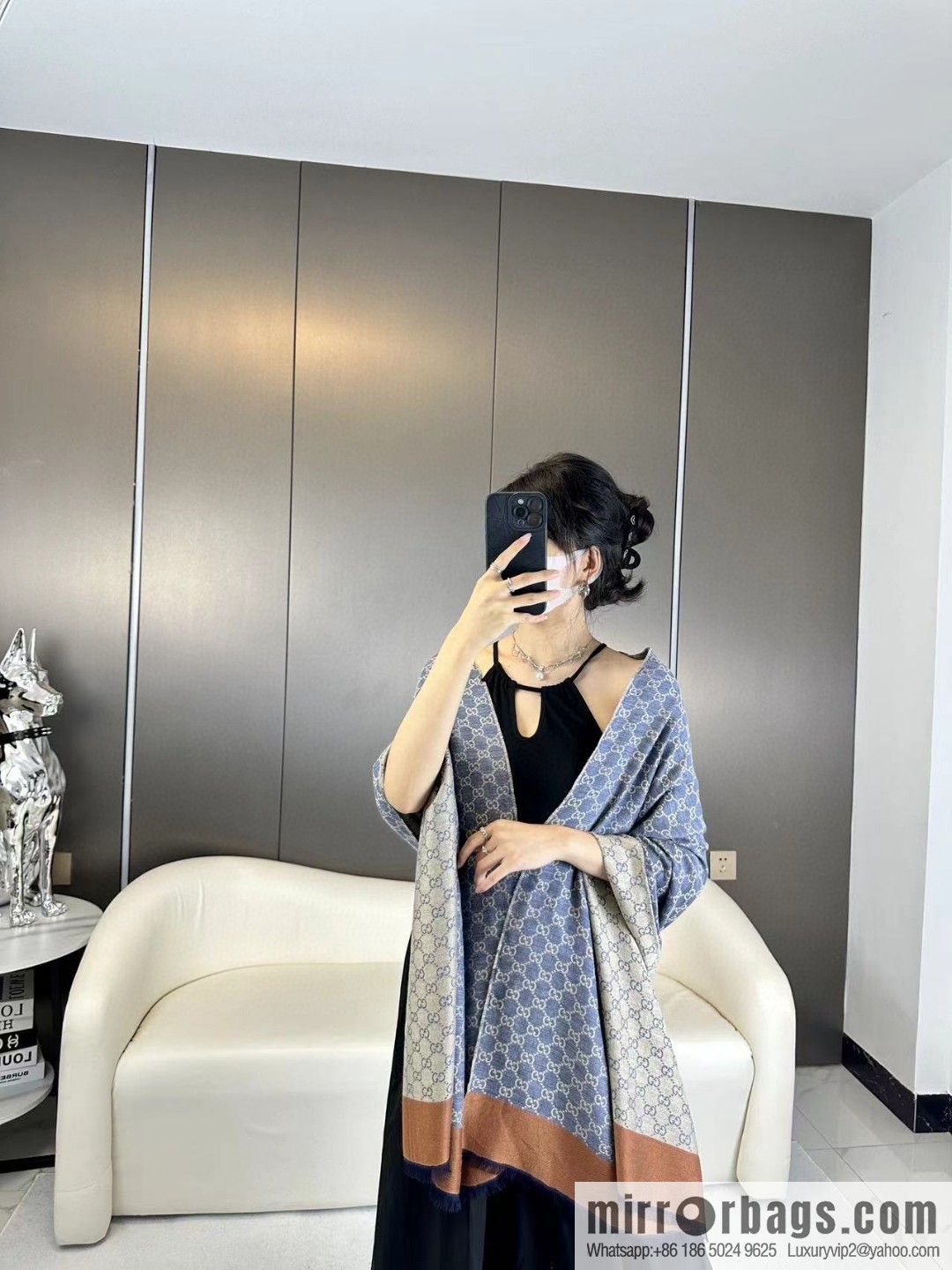 GUCCI GG denim coffee frame, double-sided universal scarf