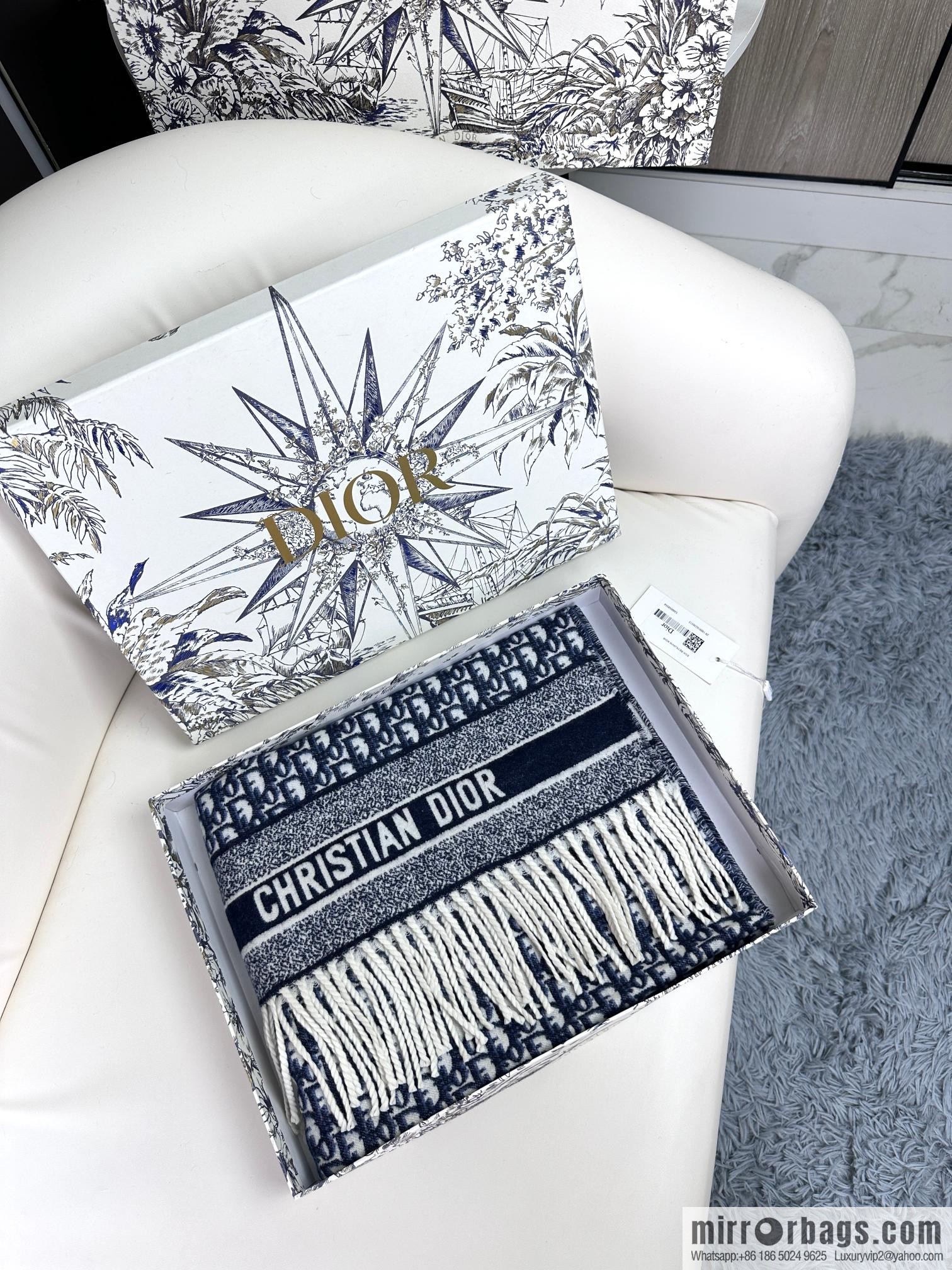 DIOR Oblique print/embroidery pattern cashmere scarf