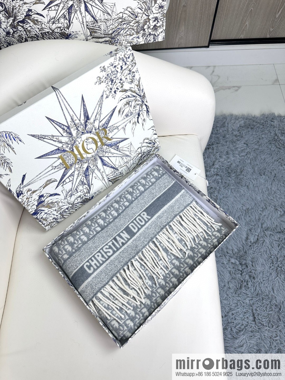 DIOR Oblique print/embroidery pattern cashmere scarf
