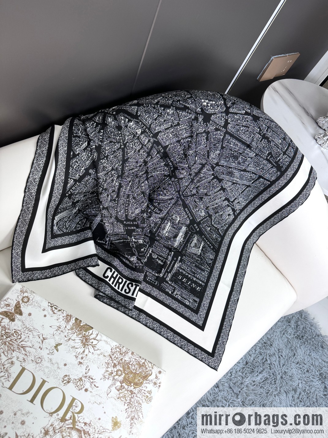 DIOR Paris map C D logo Jacquard strip pattern silk scarf