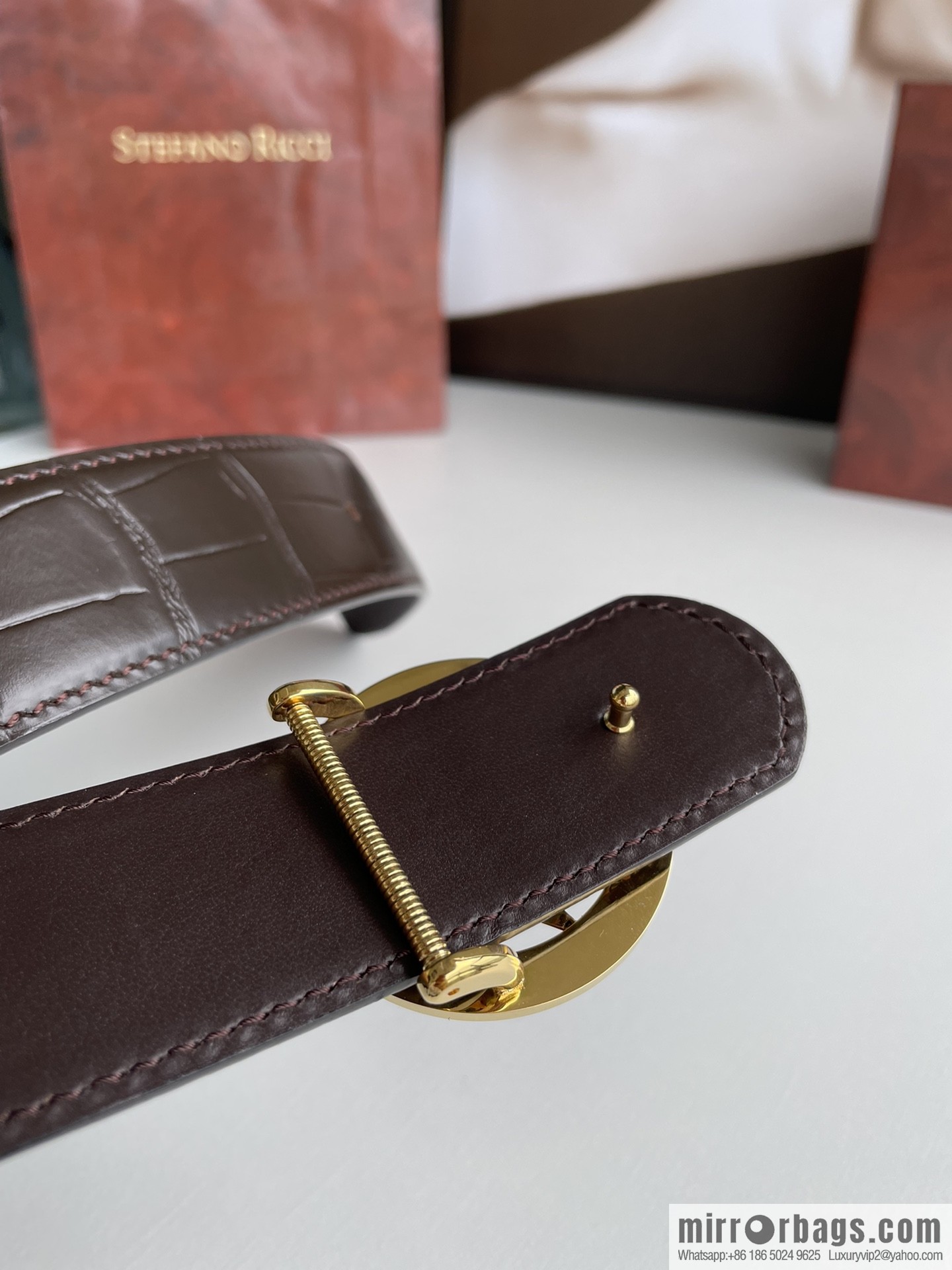 STEFANO RICCI Stephen Raunich Counter Stainless Steel Eagle Head Double Ring Inlaid Diamond Embellished Buckle 3.8cm First Layer Cowhide Fine Imitation Crocodile Leather Belt